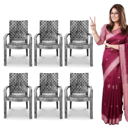 Image of MAHARAJA Heavy Duty Plastic Chairs for Home & Office | Comfortable | Arm Rest | 200Kg Capacity (Silver, Pack of 6)