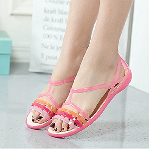 Women's Colorful Neon Jelly Sandals Clear Summer Beach T-Strap Rainbow Gladiator Flat Jellies Sandals #TOP4