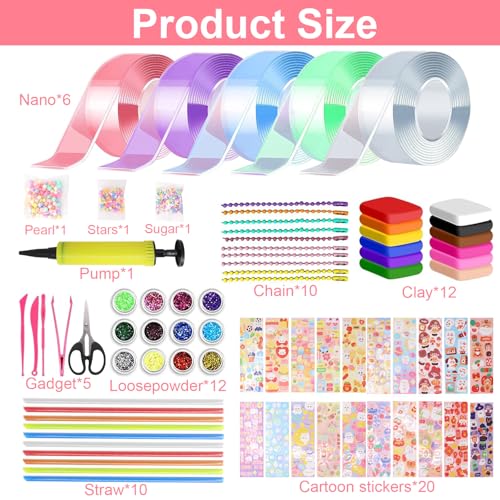 Kunaxku 65 Pièces Nano Tape Bubble Kit,6 Ruban (5cm x 1m) + 59 Paquets De Matériel De Luxe,Ruban à Bulles Gonflable,Rubans à Bulles DIY Craft Kit pour Enfants,Avec Paillettes,Sequins,Autocollants,etc