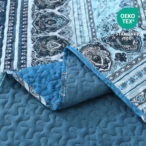 Image of Andency Blue Quilts Queen Size, 3 Pcs Boho Lightweight Striped Bedspread | Soft Blue Printed Bohemian Polyester Reversible Coverlet Comforter Sets for All Season (90 inchx96 inch)