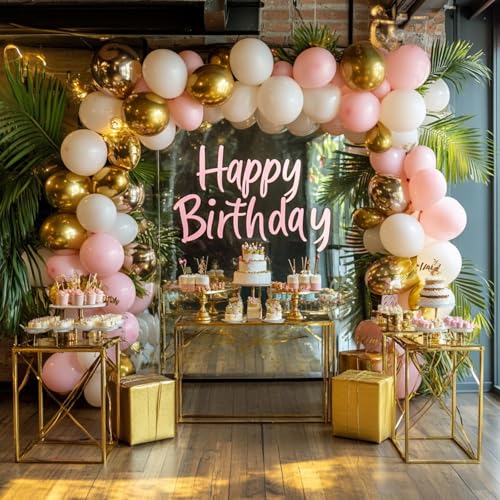 Image of PartyWoo Pink and White Balloon Arch Kit Garland 140pcs Different Sizes of 18 12 10 5 Inch Light Pastel Baby Pink Metallic Gold Confetti White Balloons for Baby Shower Birthday Party Decorations