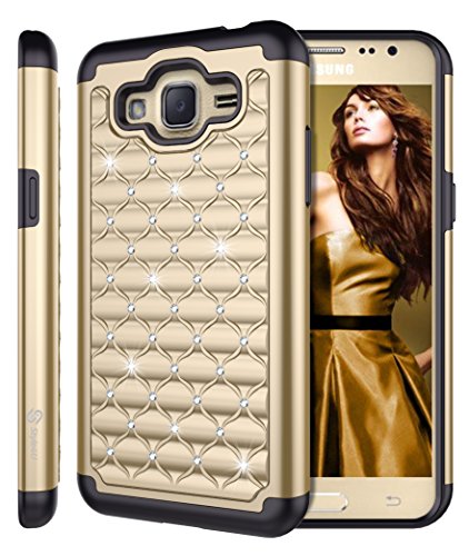 Style4U Galaxy Grand Prime 2016 Case, Galaxy J2 Prime Case, Studded Rhinestone Crystal Bling Hybrid Armor Case Cover for Samsung Galaxy Grand Prime 2016 / Galaxy J2 Prime with 1 Stylus [Gold/Black]