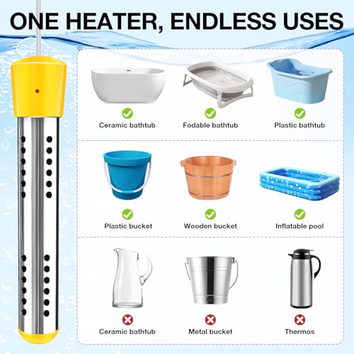 Immersion Water Heater with Insulated Gloves, 2000W Portable Water Heater with 304 SS Guard, Bucket Heater with LCD Thermometer, Quick Heating Immersion Heater for Home Camping Bath Pool Outdoor Use