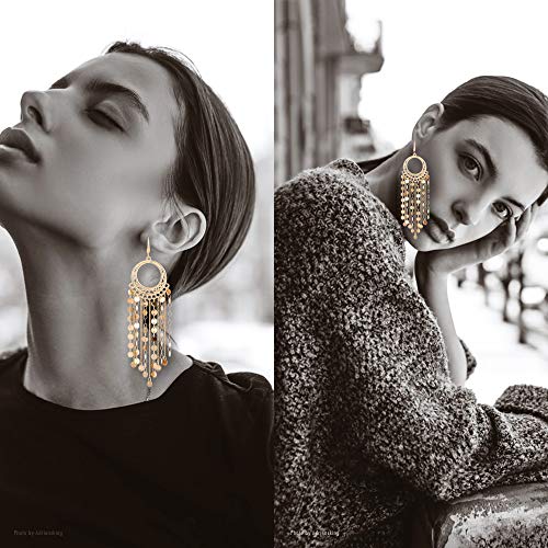 Bohemian Boho Tassel Dangle Drop Earrings For Women – Lightweight Filigree Gypsy Coin Chandelier Disc Charm Hoops – Included Gift Box (Round - Gold) #TOP2