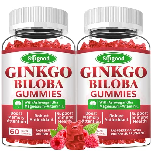 Sijigood 2 Pack Ginkgo Biloba Gummies with Panax Ginseng and Magnesium Ginkgo Biloba Supplements for Focus Memory and Brain Health for Adults & Kids Vegan Raspberry Flavor Gummies 120 Count