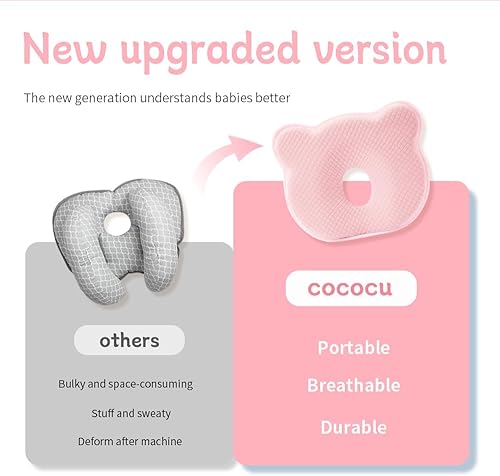 Miniatura 6 de Almohada de espuma viscoelástica para recién nacido, almohada de cabeza plana para bebé, lavable a máquina, soporte para el cuello evita la cabeza