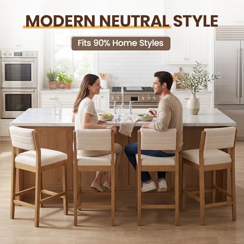 Image of RIVOVA 26 inch Bar Stools Set of 2 Counter Height Bar Stools for Kitchen Counter, Modern Upholstered Barstools with Back and Wood Legs Linen Stools Farmhouse Island Chairs, Beige