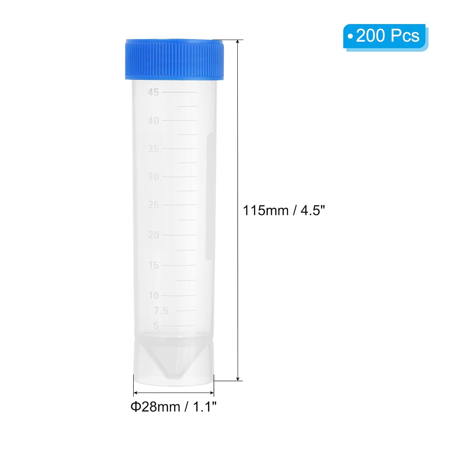 PATIKIL 50ML Plastic Centrifuge Tubes, 200 Pcs Self Standing Test Tube Container with Leak-Proof Blue Screw Caps and Graduated Marks for Laboratory Liquid