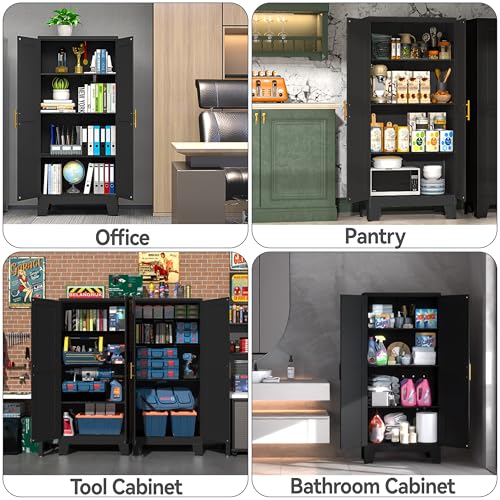Image of PAOFIN Metal Kitchen Pantry Storage Cabinet | 61 inch Freestanding Cupboard with 3 Adjustable Shelves for Kitchen, Living Room and Dining Room (Black)