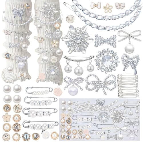 54PCS Junk Socks Charms Kit Shoe Charms for Sneakers Girls Silver Brooches and Pins for Women Pearl and Rhinestone Sock Charm with Safety Pins DIY Accessories for Decorating and Personalizing Socks