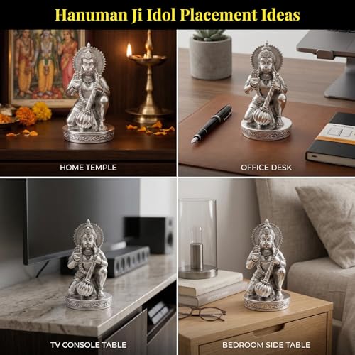 Image of Silver Plated Hanuman Idol - 6 Inch Divine Kneeling Bajrangbali Statue with Gada for Home Mandir and Office - Auspicious Vastu Decor and Spiritual Gift with Anti-Tarnish Finish