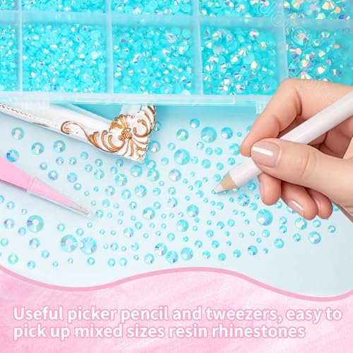 Image of 16000 Pcs Resin Rhinestones for Crafting, Flatback Blue Gems Jelly Rhinestones, Mixed Sizes Blue Bedazzling Crystal with Pickup Tool for DIY Crafts Clothing Tumblers Mugs Shoes Fabric Nail Art