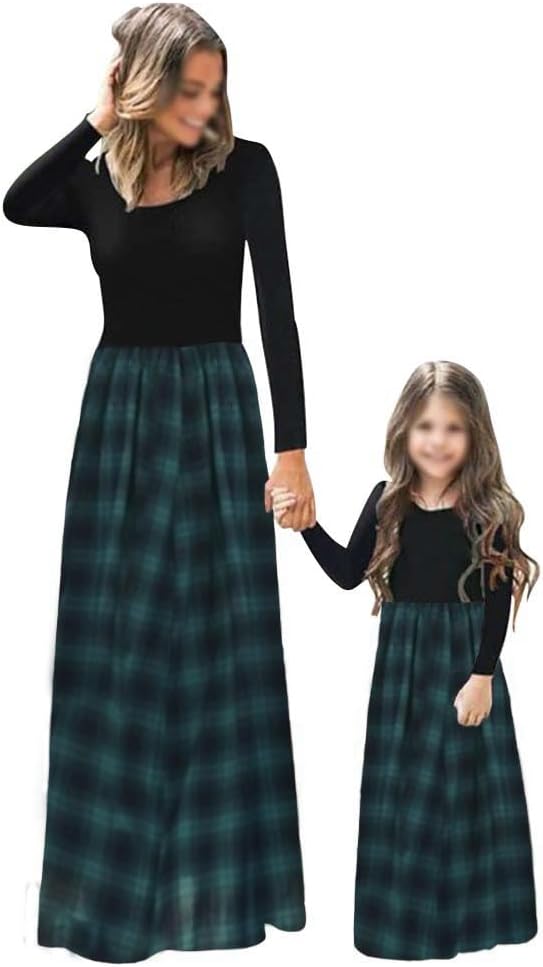 PopReal Mommy and Me Maxi Dresses Casual Floral Printed Plaid Long Sleeve with Pockets