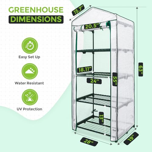 Image of EAGLE PEAK 4-Tier Mini Greenhouse Portable Green House with Shelves & Weather-Resistant PE Cover, Small Greenhouse for Seedlings & Gardening Gifts, 27x19x64 in, Clear /White