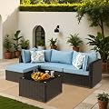 Patio Furniture Set, 5PCS Outdoor Sectional with Ottoman Wicker Rattan Patio Couch with Thickened Cushion Modular Wicker Patio Conversation Set with Glass Top Table for Balcony, Backyard (Blue)