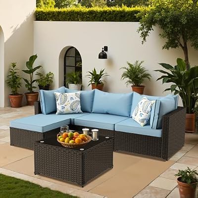 Patio Furniture Set, 5PCS Outdoor Sectional with Ottoman Wicker Rattan Patio Couch with Thickened Cushion Modular Wicker Patio Conversation Set with Glass Top Table for Balcony, Backyard (Blue)