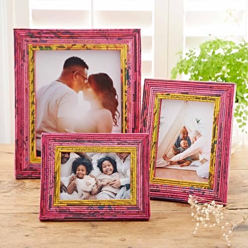 Recycled Newspaper Photo Frame - Red/Pink/Yellow | 6 x 4 Inches | Sustainable Picture Frame | Handmade Colourful Frames | Fair Trade Gifts for Men and Women