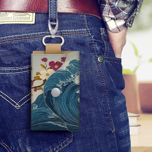 Cherry Tree Great Wave Key Holder Bag PU Leather ID Card Holder Keychains Case Cover for Men Women4