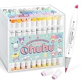 Ohuhu イラストマーカー 筆タイプ 80色81本 サンリオ× Ohuhuコラボ サンリオキャラクターズ プロ愛用 パステルカラー 薄色 マーカーペン アルコール系 ブレンダーペン1本付き (筆・太字)