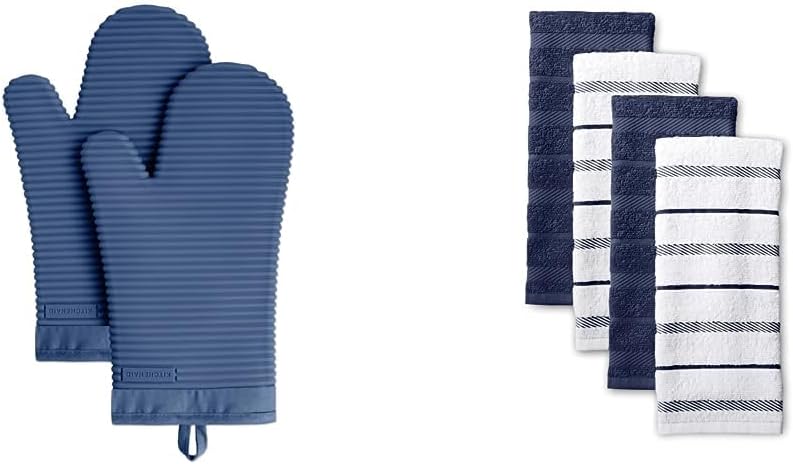KitchenAid Ribbed Soft Silicone Oven Mitt Set, Blue Willow 2 Count, 7.5"x13" and KitchenAid Asteroid Pot Holder 2-Pack Set, Blue Willow, 6.5"x10"