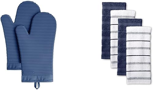 KitchenAid Juego de guantes de horno de silicona suave acanalados, color sauce azul, juego de 4 toallas de cocina Albany, algodón, sauce azulblanco,