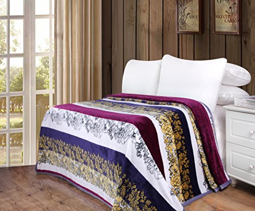 Dada Bedding Flannel Faux Mink Fleece Throw Blanket - Bohemian Carnations Silky Soft Warm - Bright Vibrant Striped Floral - Multi Colorful Burgundy Navy Yellow - 66" X 90" #TOP1