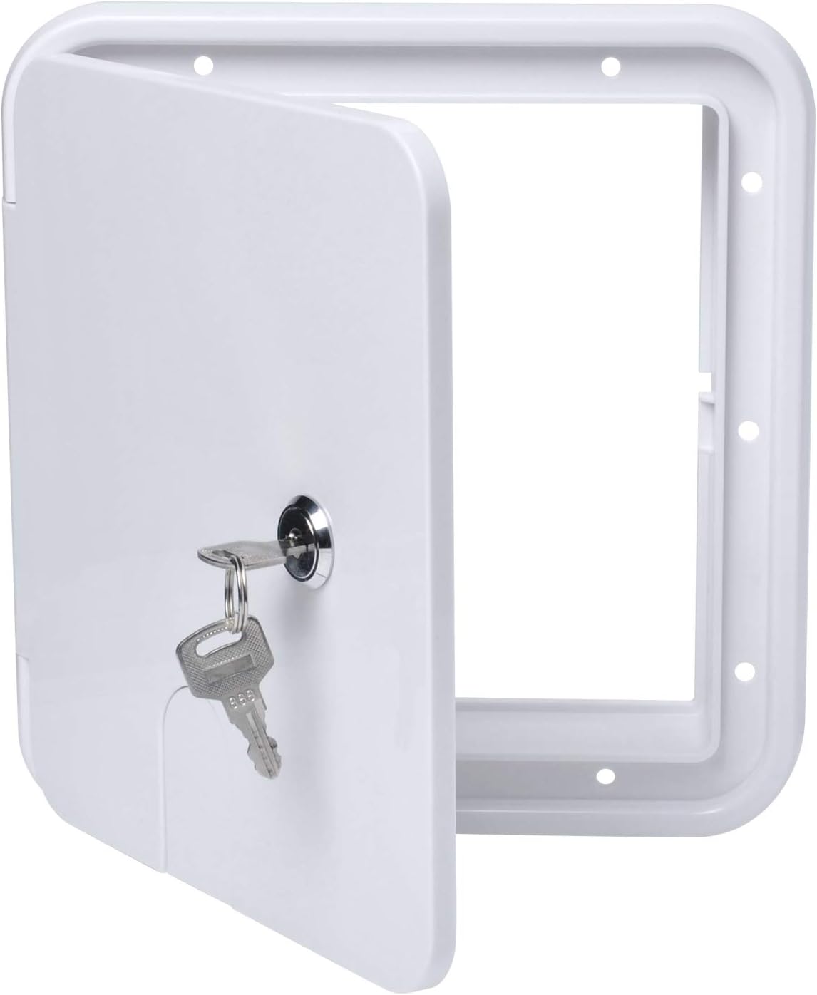 RV Cord Storage Hatch with Keys - 8x8.5 Inch White Compartment Door for Electric Power Cable & Camper Hose