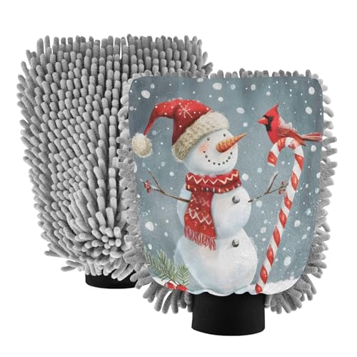 ALAZA Christmas Snowman Car Wash Mitt Scratch Free, 2 Pack Absorbent Microfiber/Chenille Washing & Drying Mitts, M