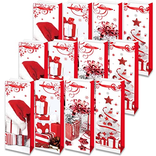Sacs Cadeaux Bouteilles- Lot de 12 Sacs - Sac Cadeau pour Bouteille Vin en Papier 4 Designs pour des Cadeaux de Noël, Mariage ou Anniversaire, Papier d’Emballage Cover