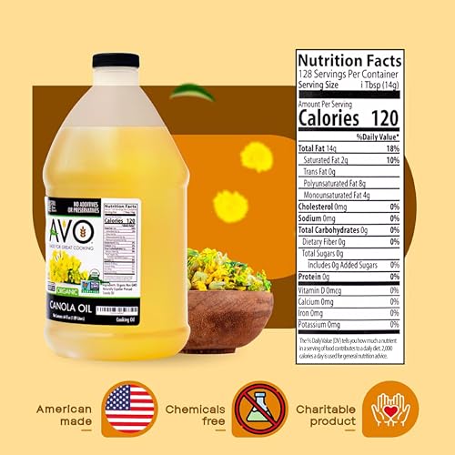 Image of AVO Organic Canola Oil for Cooking, Frying, Baking, Salads, Vinaigrette, Marinades - General Organic Cooking Oil 64 Fl-oz (Half a Gallon), NO preservatives added, High Smoke Point 465F