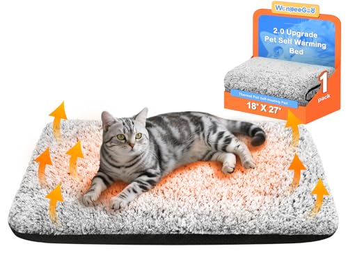 WanpeeGoo Self Warming Pet Bed for Cats & Dogs, Heated Pet Mat, 2.0 Upgraded Thermal Foil Heating Pad, Plush Self-Heating Bed for Crate, Floor, with Removable Washable Cover, Non-Slip, Gray, 18"x27"