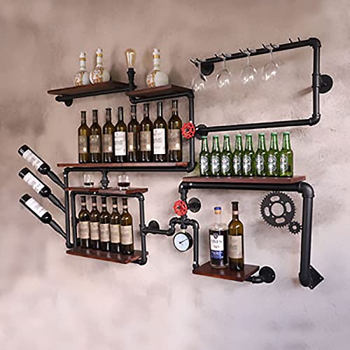 FCXBQ Casiers à vin industriels Tuyau Mural Porte-Verre en Fer 28 Bouteilles Accessoires de vin Suspendus en métal Rustique Rangement pour Bouteilles Étagères en Bois Rangement Mural pour Salon CU - Image 4