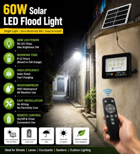 Image of Aarmee Solar Flood Light 60W with 96 LED Chips, 5W Peak Brightness, 3.2V 5000mAh LiFePO4 Battery, 8-12 Hours Backup, Remote Control, Auto On /Off, Outdoor Wall Light for Home, Garden & Gate