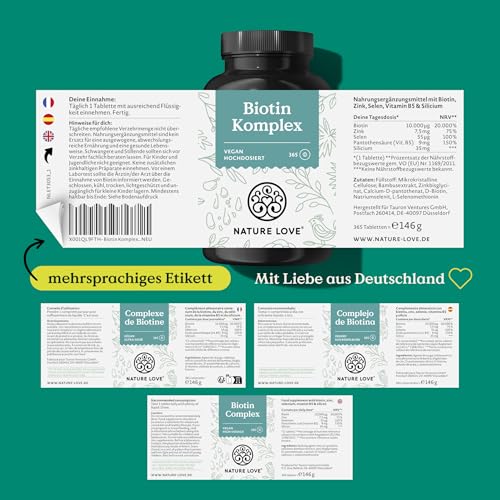 Nature Love Biotin Komplex - mit Zink, Selen, Silizium & Vitamin B5 - hochdosiert mit 10.000µg Biotin - 365 Tabletten für Haare, Haut und Nägel - Haar Vitamine im Jahresvorrat - vegan & laborgeprüft