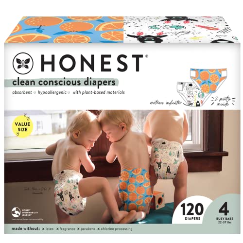 The Honest Company Clean Conscious Diapers | Plant-Based, Sustainable | Space Travel + Orange You Cute | Super Club Box, Size 4 (22-37 lbs), 120 Count