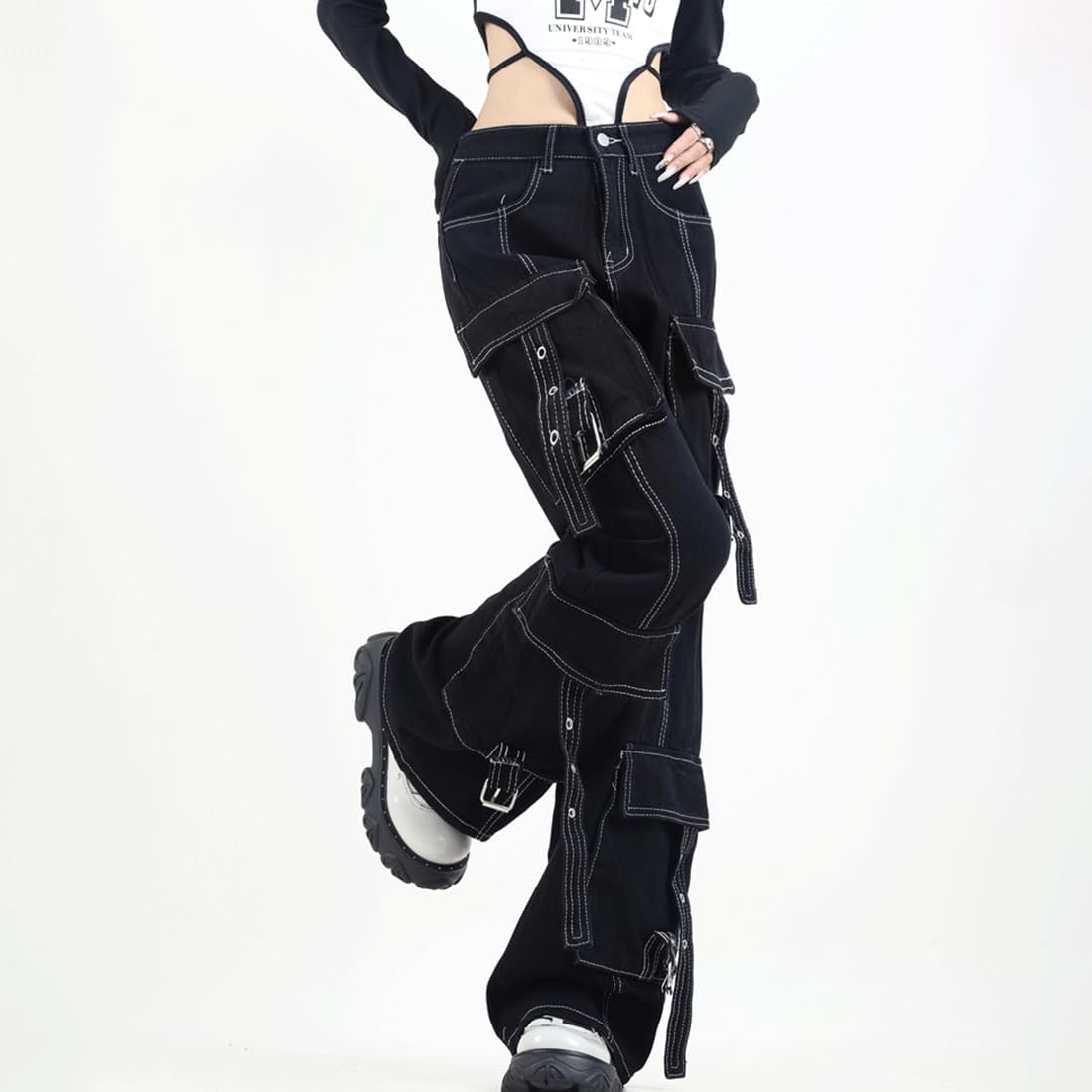 Y2K Gothic Grunge Casual High Waisted Loose Straight Wide Leg Multi Pockets Vintage Black Denim Cargo Pants - Image 4