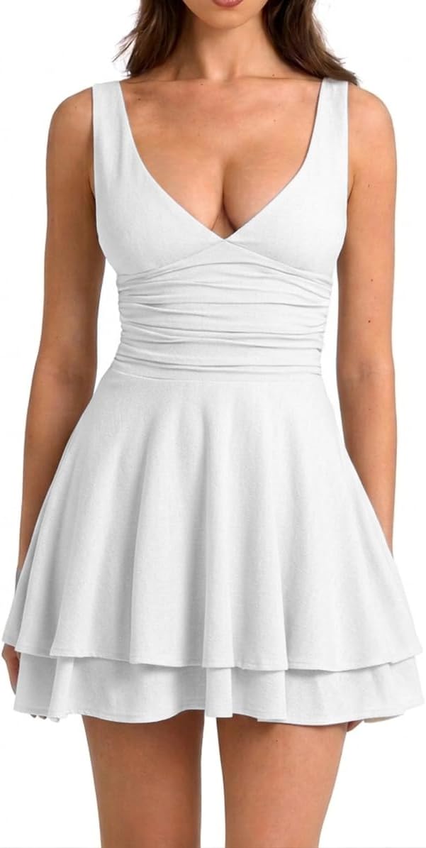 Women's Sexy Ruched V Neck Tank Dress Sleeveless Ruffle Hem Flowy Party Mini Dress
