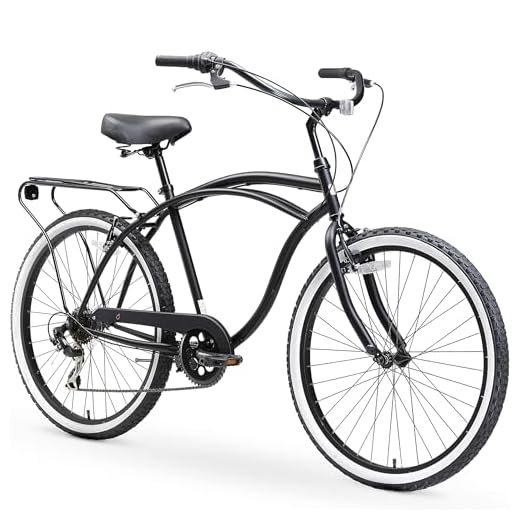 sixthreezero Around The Block Men's 7-Speed Beach Cruiser Bicycle, 26" Wheels, Matte Black with Black Seat and Grips