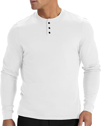 Miniatura 1 de Uni Clau Camisas Henley de manga larga para hombre, ajuste delgado, ligeras, 3 botones