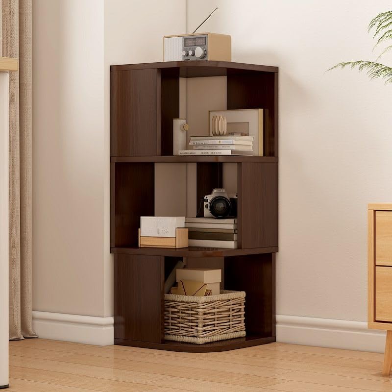 Estantes esquineros de 3 niveles, estantería vertical de madera maciza con parte trasera abierta y múltiples estantes para sala de estar, dormitorio, oficina en casa (marrón nogal, 40,6 cm de largo x