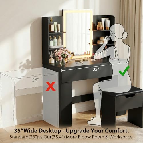 Image of Furmax Vanity Desk with Mirror and LED Lights, Black with Bench