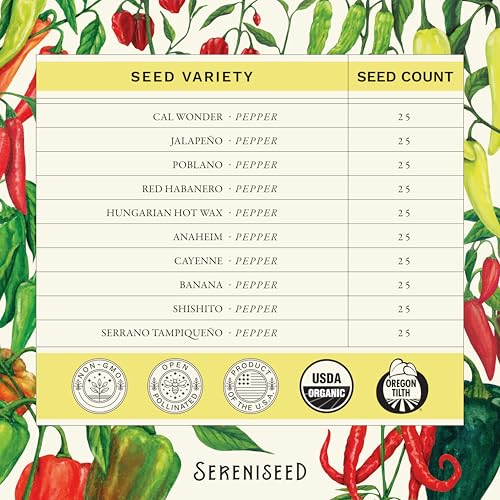 Sereniseed Certified Organic Hot Pepper Seeds (10-Pack) – Non GMO, Open Pollinated – Jalapeño, Cal Wonder, Banana, Serrano, Shishito, Red Habanero, Poblano, Cayenne and More - Image 3