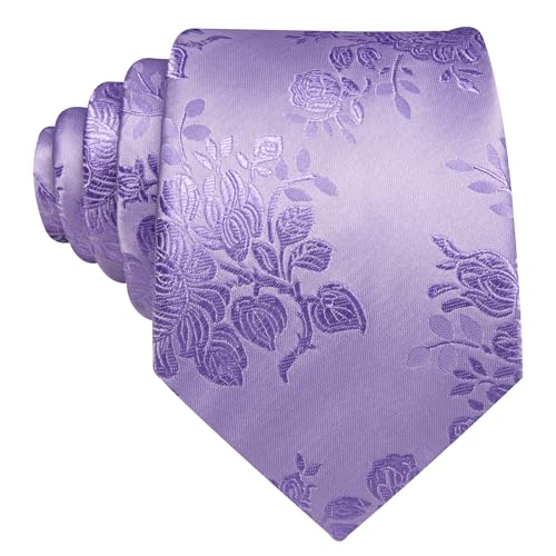 Image of Barry.Wang Mens Ties Silk Solid Color Lavender Floral Woven Neckties and Tie Clip Set Casual Formal Wedding Business