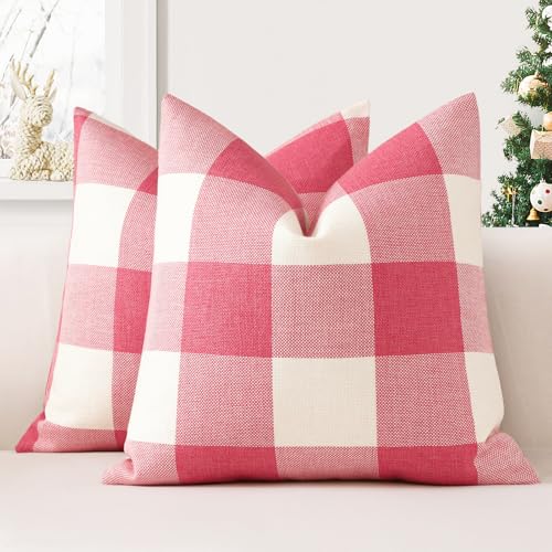 JOTOM Set of 2 Classic Plaids Cushion Covers 60x60 cm Farmhouse Buffalo Check Soft solid Decorative Throw Pillow Covers Home Decor Outdoor Cushion Case for Sofa Bedroom (Pink)