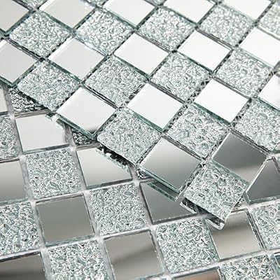 Adedeo Crystal Diamond Mosaic Tile Square Mirror Glass Mosaic Tile for Kitchen Backsplash Bathroom Wall (6 Sheets, Silver Square Flat Mirror)