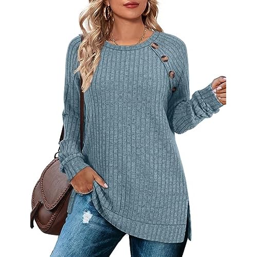 Bofell Long Sleeve Shirts for Women Lightweight Button Decor Tunic Tops Side Split