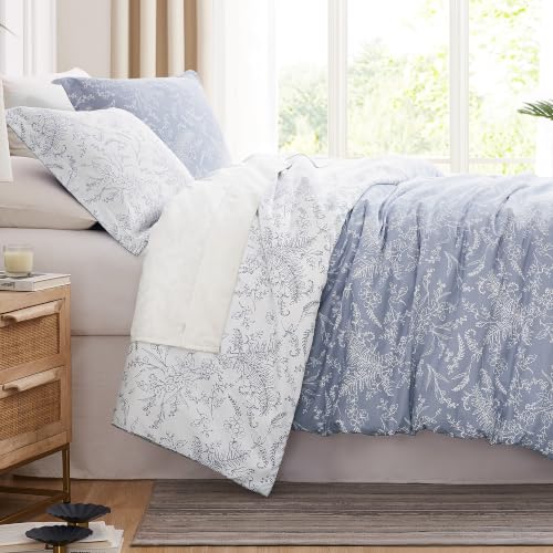 Queen Size Comforter Sets with 2 Pillow Shams, Blue & White Bedding Set