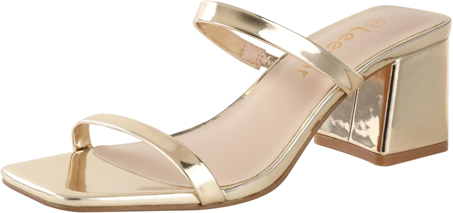 leevar square toe heeled sandals for women - women's low block heels sandals - 2.25in open toe ankle strap chunky heels - slip on heeled sandal mule- nude black strappy heels for party wedding dress shoes 9.5 gold pu