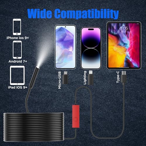 Cámara de Endoscopio con Luz, Borescopio HD 1920P con 8 LEDs Ajustables, Cámara de Inspección Semi-Rígida Impermeable IP67 de 16.4 pies para iOS/Android miniatura 3