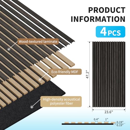 Image of Art3d 47 x 23.6 in Acoustic Wood Slat Design Wall Panels, 4-Pack, Grey Oak